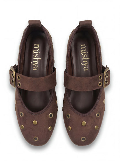 Studded Suede Mary Jane Flats in Brown
