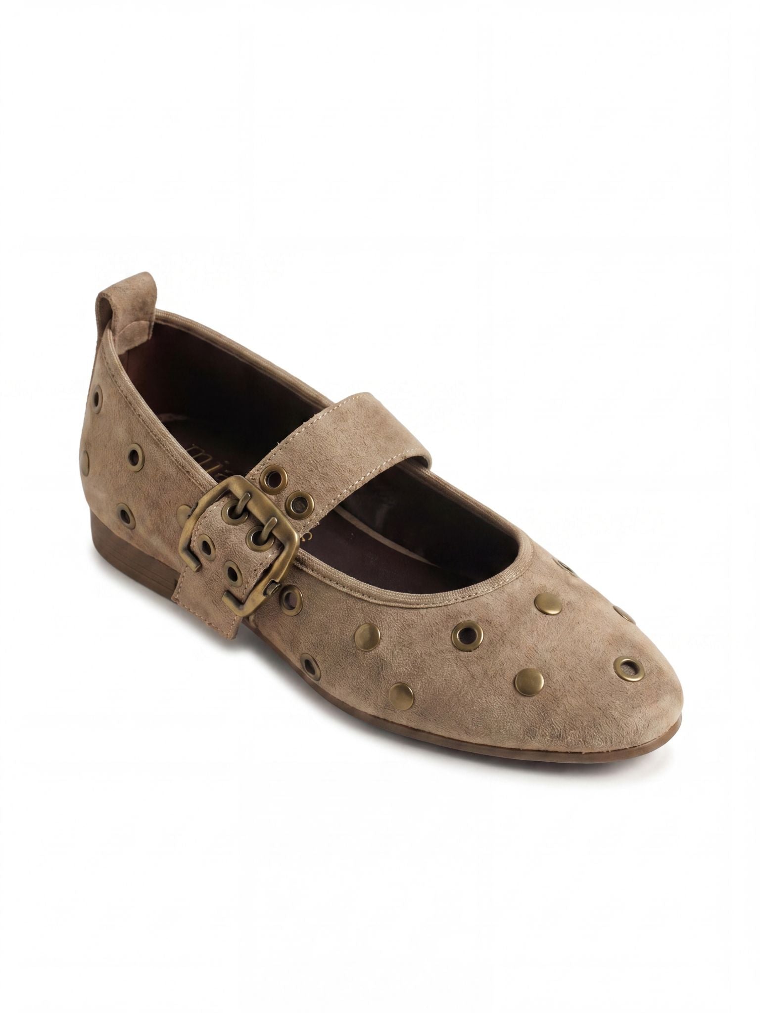 Studded Suede Mary Jane Flats in Café