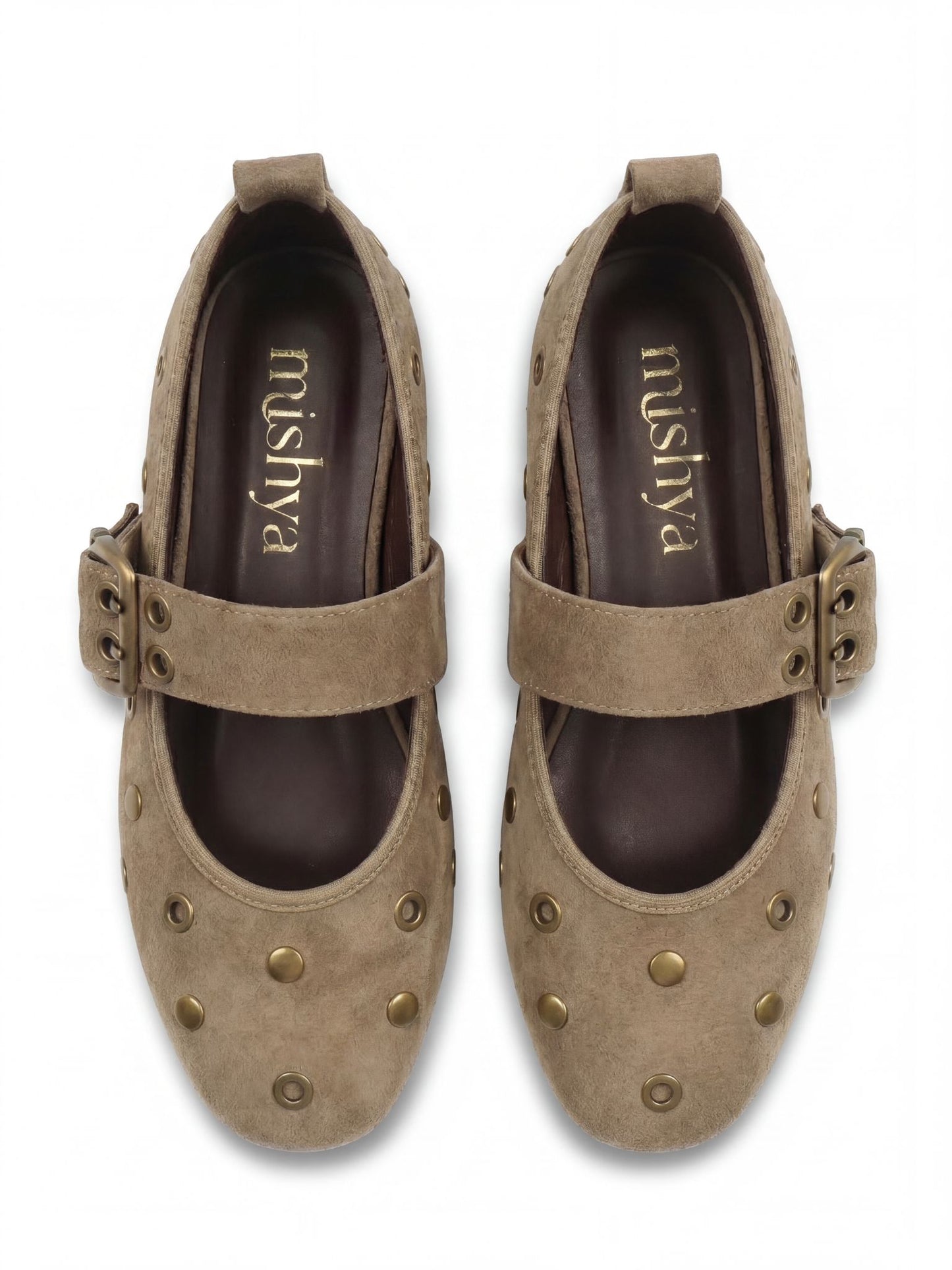 Studded Suede Mary Jane Flats in Café