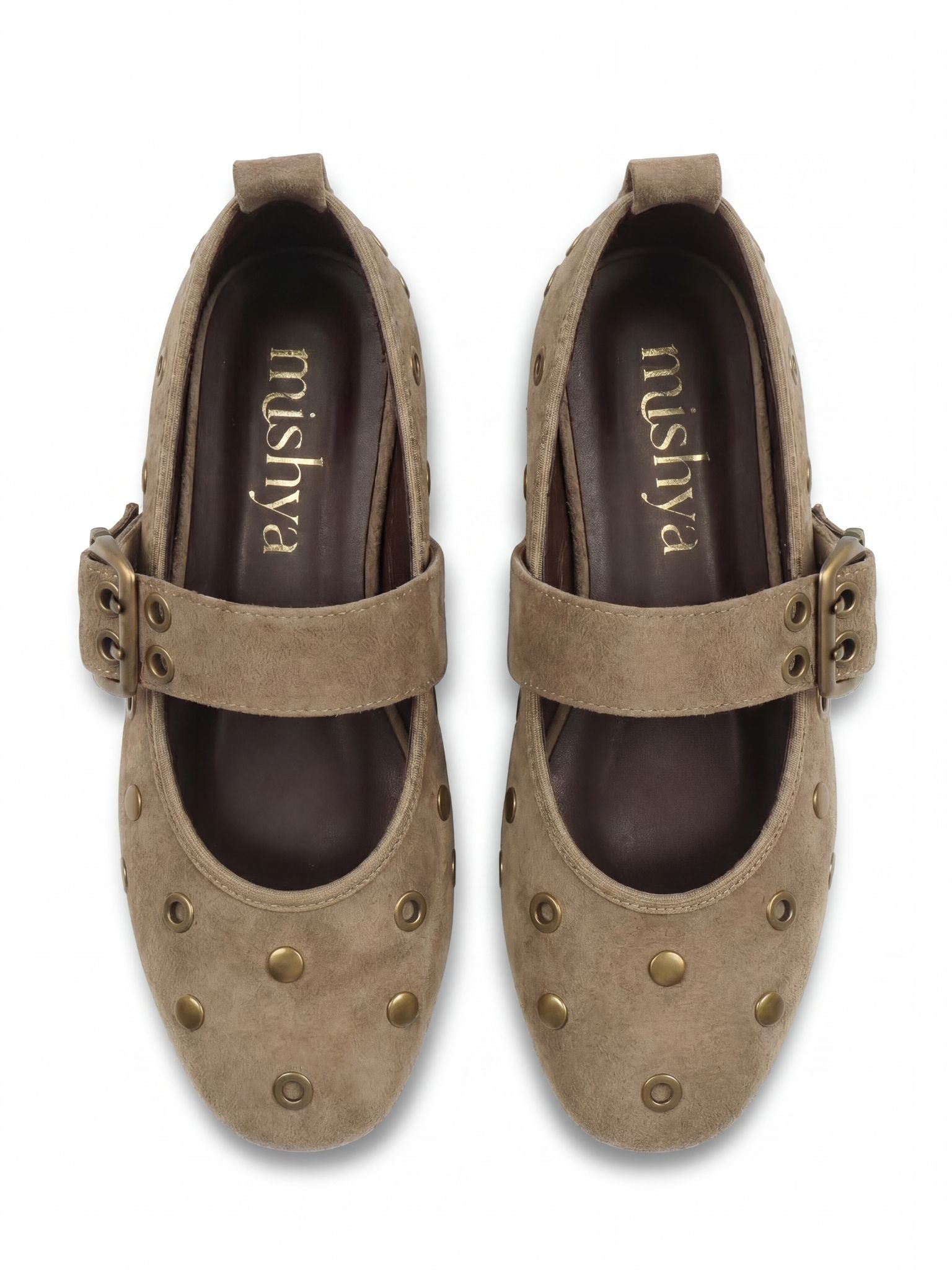 Studded Suede Mary Jane Flats in Café