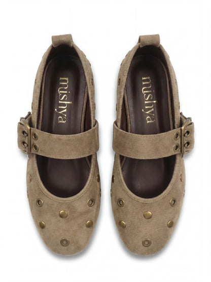 Studded Suede Mary Jane Flats in Café