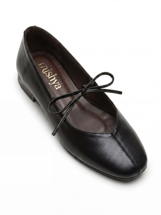 Lace-Tie Leather Ballet Flats in Black