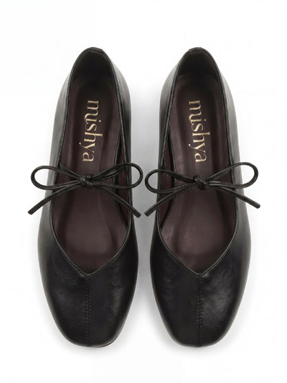 Lace-Tie Leather Ballet Flats in Black