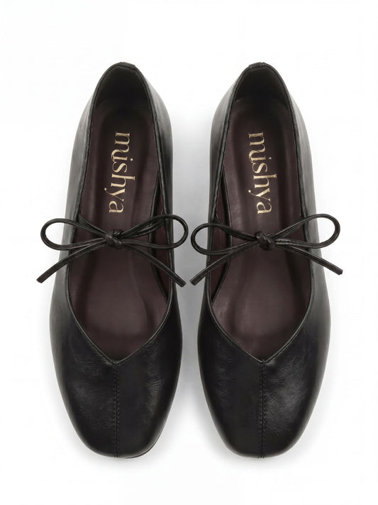 Lace-Tie Leather Ballet Flats in Black