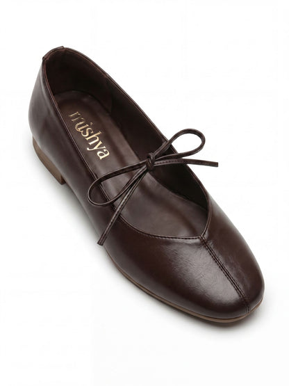 Lace-Tie Leather Ballet Flats in Brown