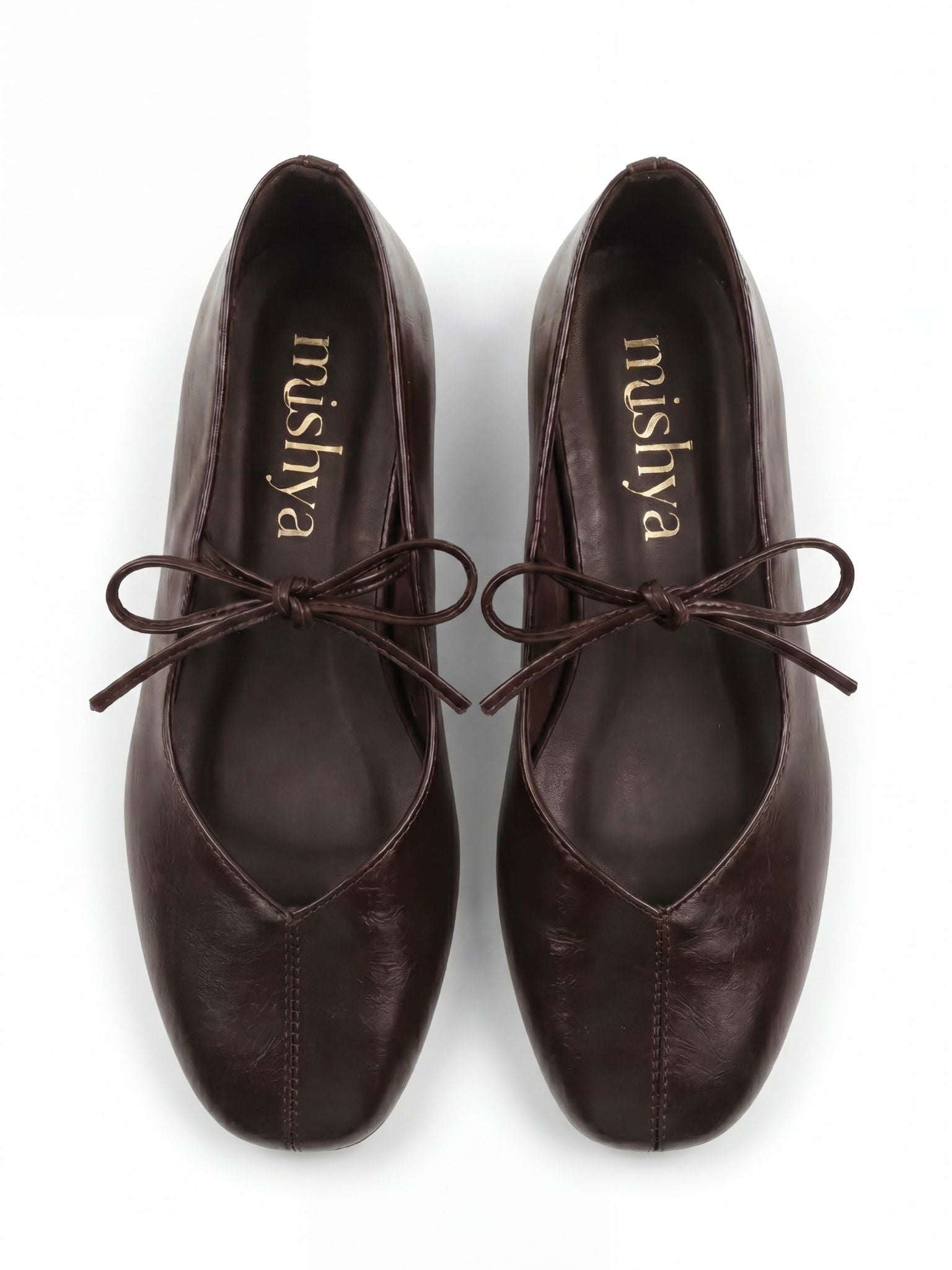 Lace-Tie Leather Ballet Flats in Brown