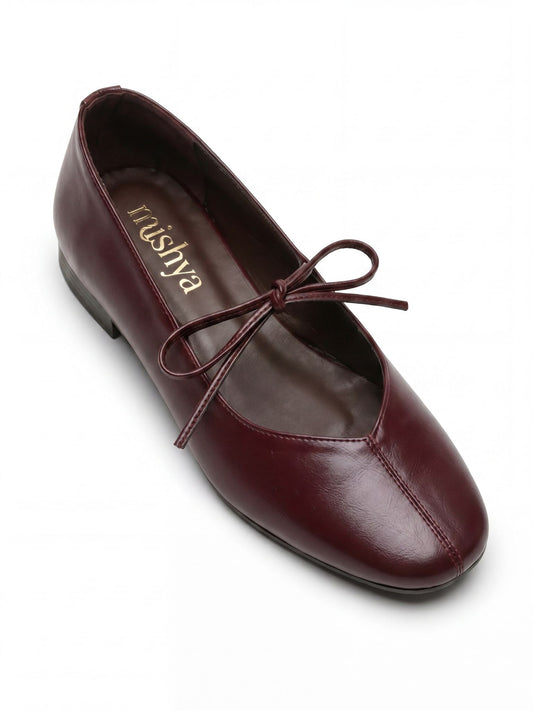 Lace-Tie Leather Ballet Flats in Burgundy