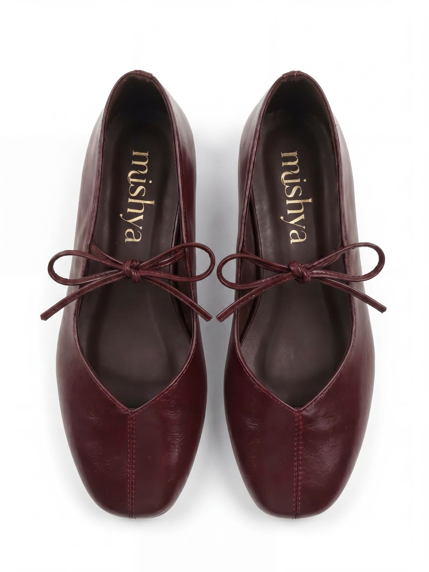 Lace-Tie Leather Ballet Flats in Burgundy