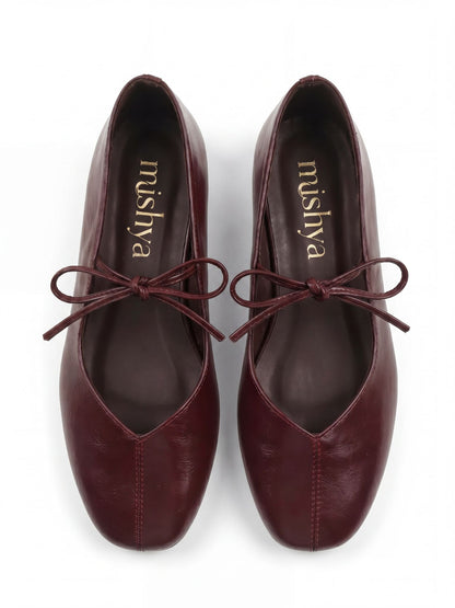 Lace-Tie Leather Ballet Flats in Burgundy