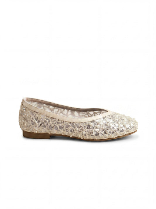 Pearl-Beaded Ballet Flats in Beige