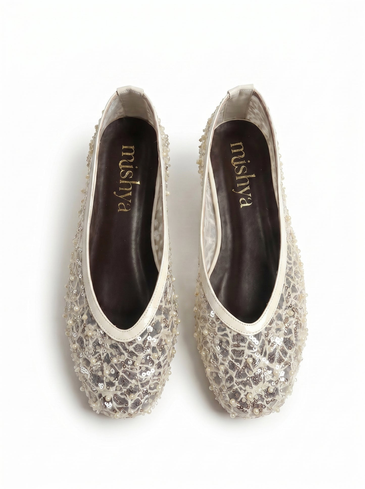 Pearl-Beaded Ballet Flats in Beige