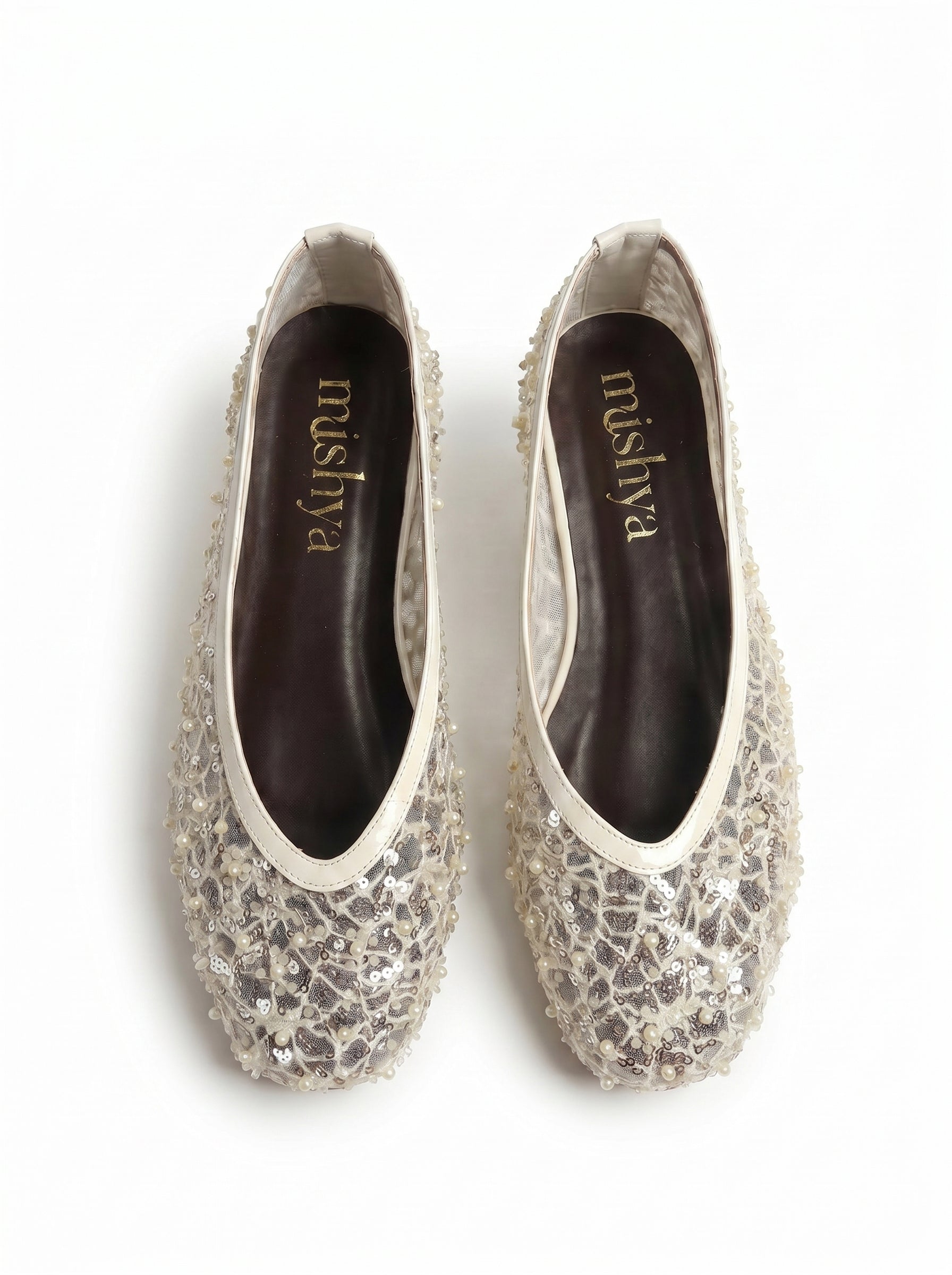 Pearl-Beaded Ballet Flats in Beige