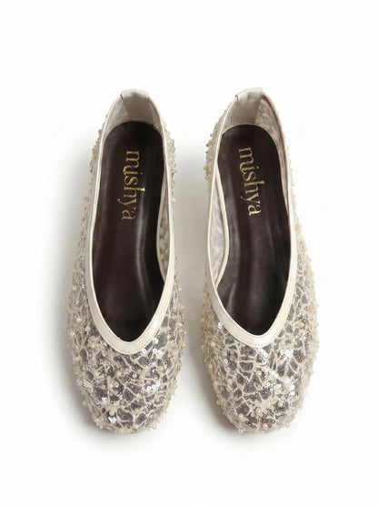 Pearl-Beaded Ballet Flats in Beige
