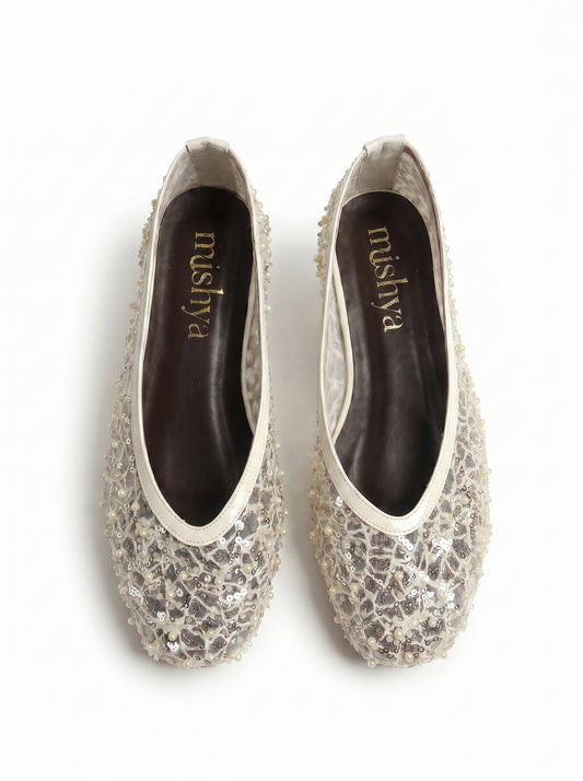 Pearl-Beaded Ballet Flats in Beige
