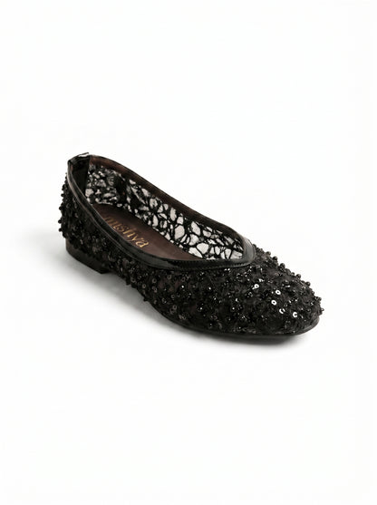 Pearl-Beaded Ballet Flats in Black