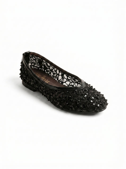 Pearl-Beaded Ballet Flats in Black