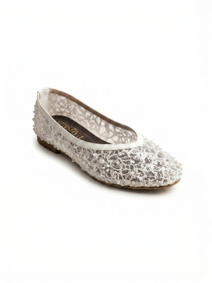 Pearl-Beaded Ballet Flats in White