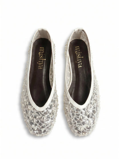 Pearl-Beaded Ballet Flats in White