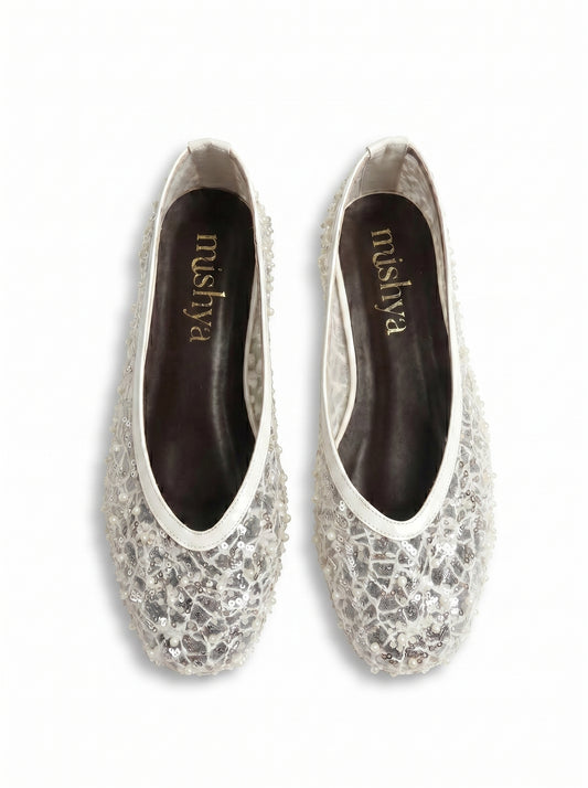 Pearl-Beaded Ballet Flats in White
