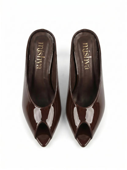 Patent Leather Peep-Toe Mules 5cm in Brown
