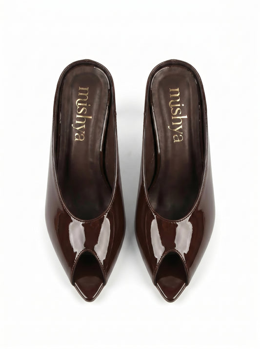 Patent Leather Peep-Toe Mules 5cm in Brown
