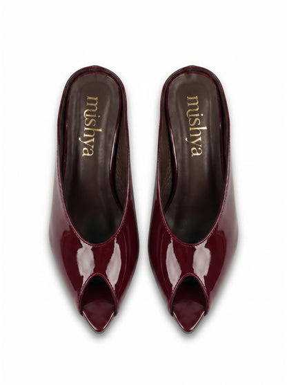 Patent Leather Peep-Toe Mules 5cm in Burgundy