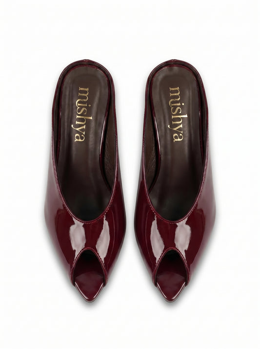 Patent Leather Peep-Toe Mules 5cm in Burgundy