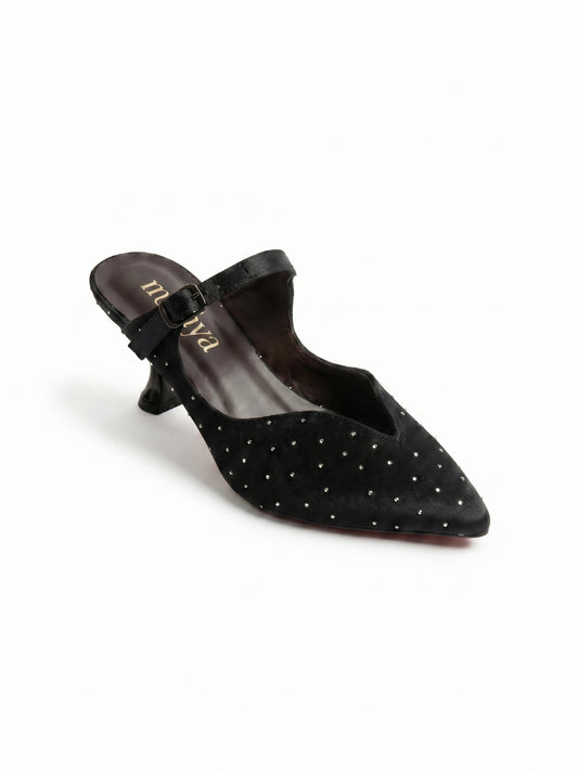 Crystal Satin Ankle-Strap Mules 5cm in Black