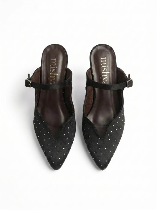 Crystal Satin Ankle-Strap Mules 5cm in Black