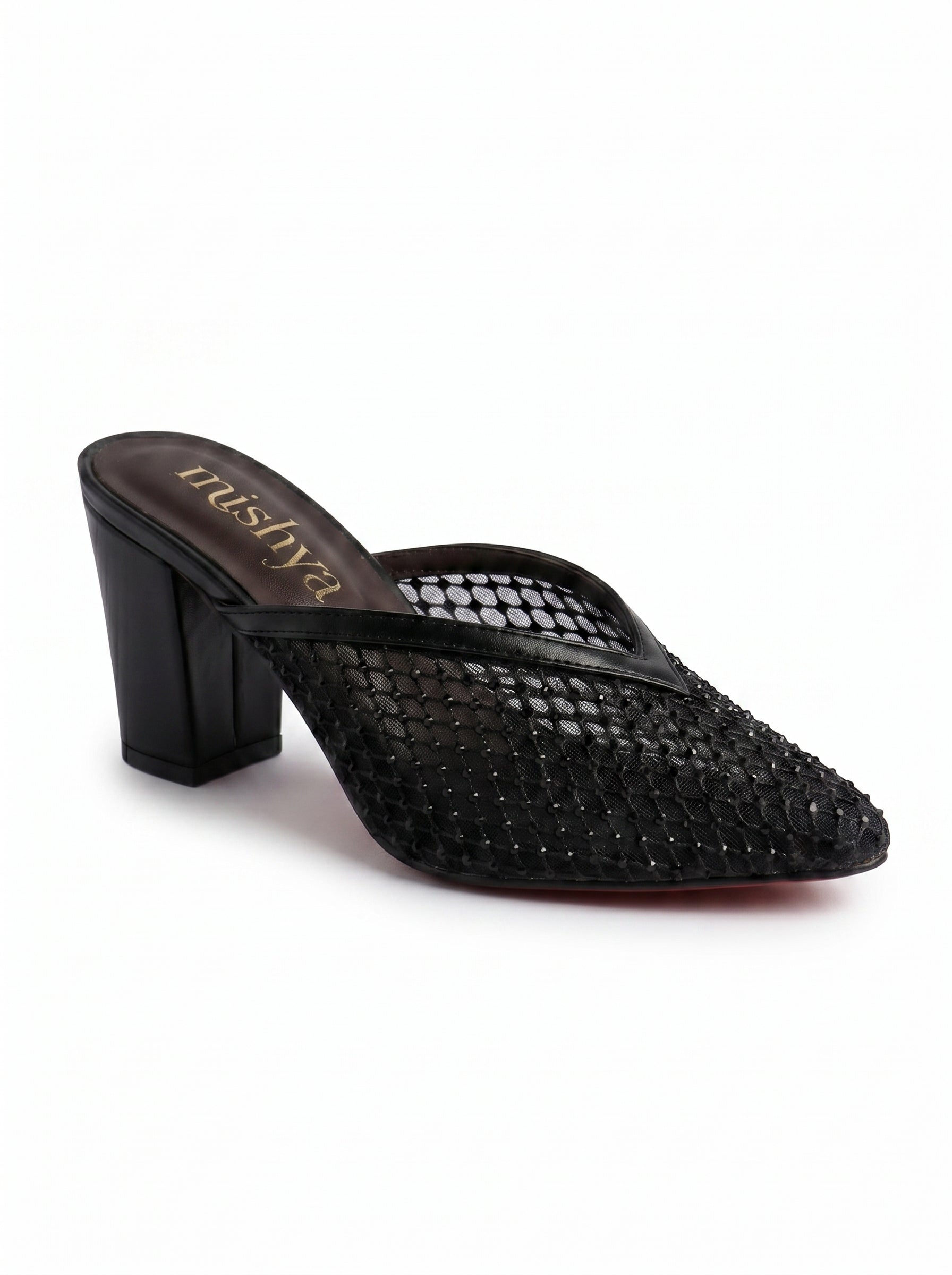 Crystal Mesh Block-Heel Mules 6cm in Black