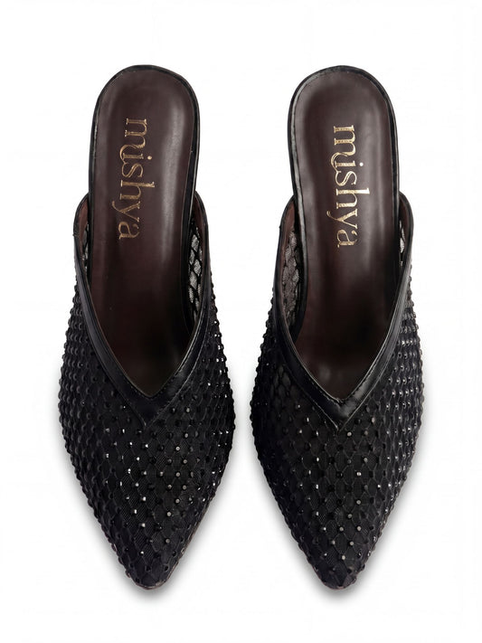 Crystal Mesh Block-Heel Mules 6cm in Black