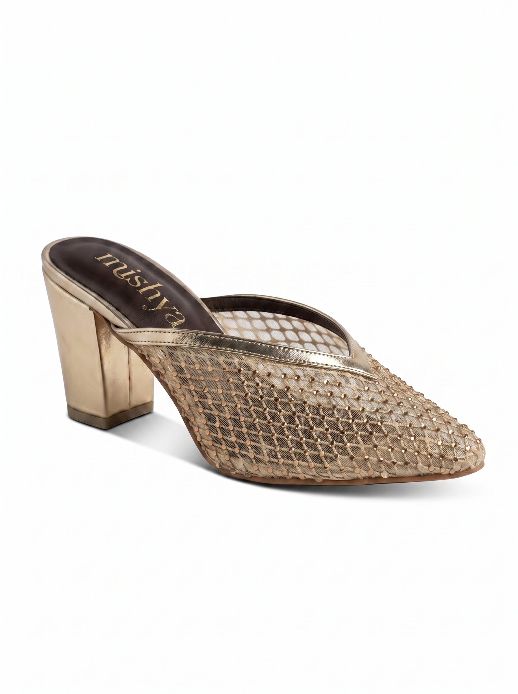 Crystal Mesh Block-Heel Mules 6cm in Gold