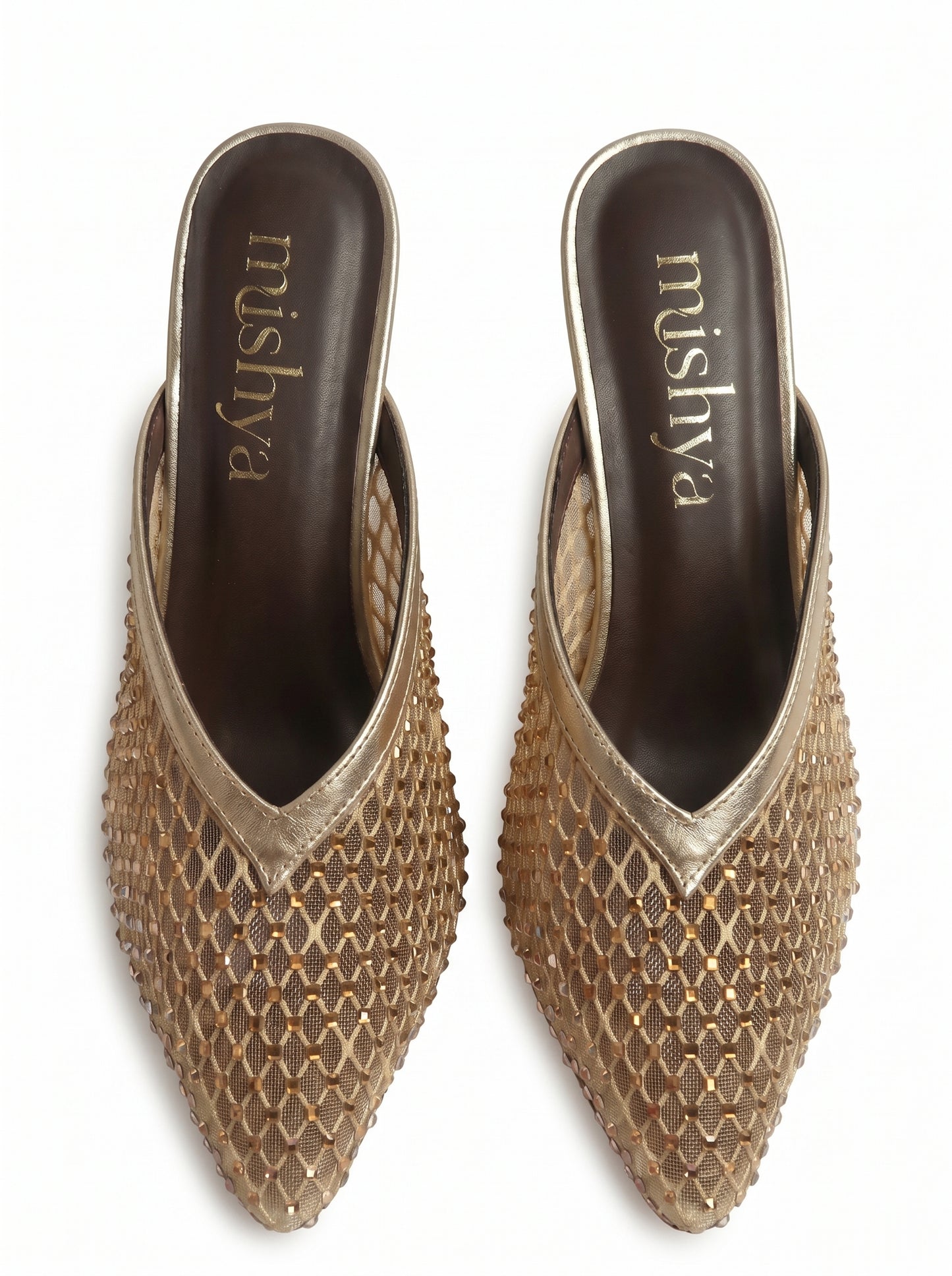 Crystal Mesh Block-Heel Mules 6cm in Gold