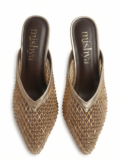 Crystal Mesh Block-Heel Mules 6cm in Gold