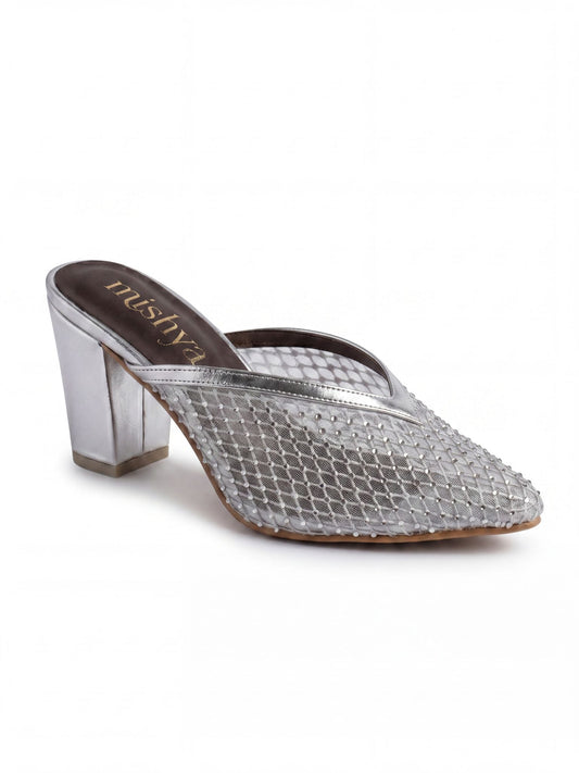 Crystal Mesh Block-Heel Mules - Silver
