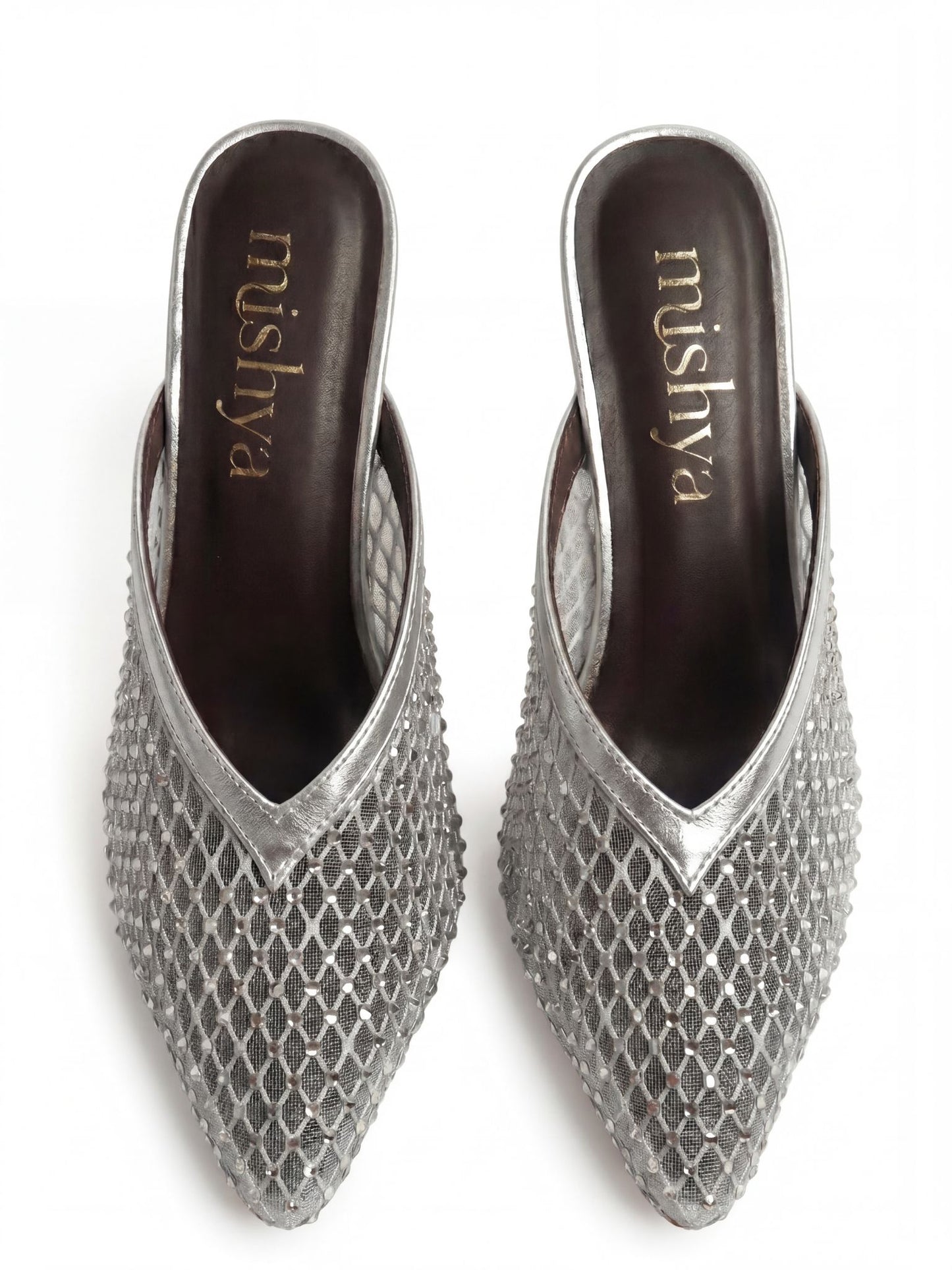 Crystal Mesh Block-Heel Mules 6cm in Silver