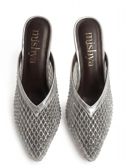 Crystal Mesh Block-Heel Mules 6cm in Silver
