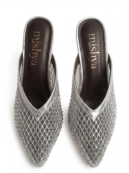 Crystal Mesh Block-Heel Mules 6cm in Silver