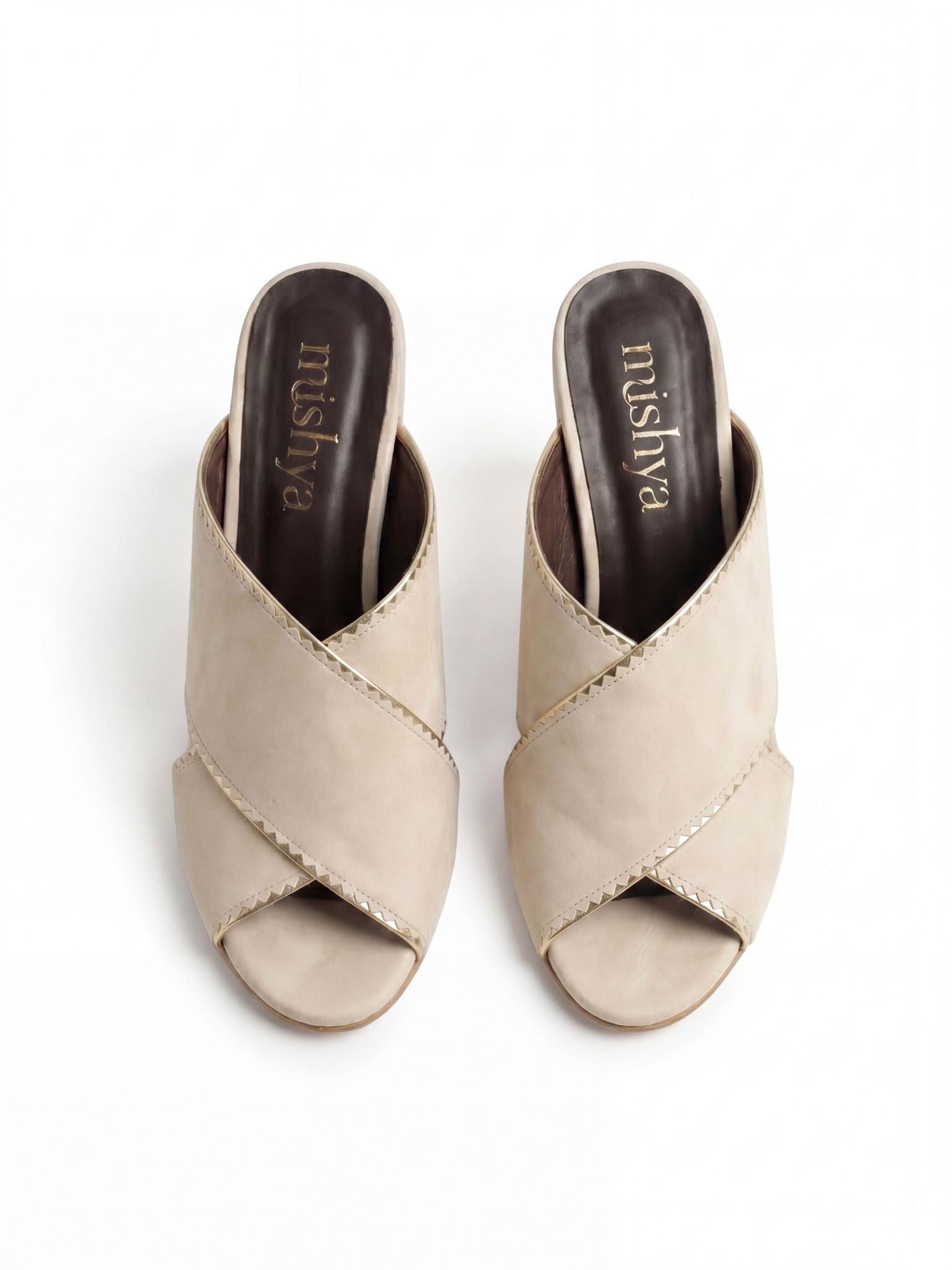 Crossover Brushed Leather Block-Heel Mules 6cm in Beige