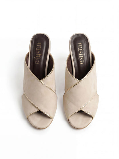 Crossover Brushed Leather Block-Heel Mules 6cm in Beige