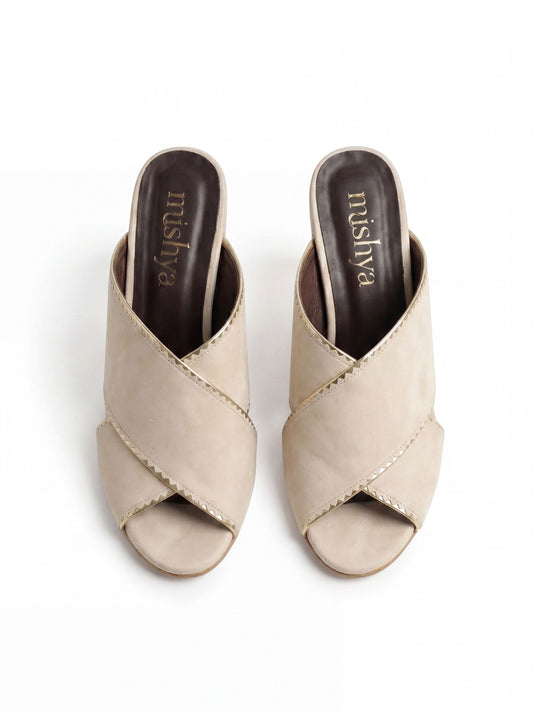 Crossover Brushed Leather Block-Heel Mules 6cm in Beige