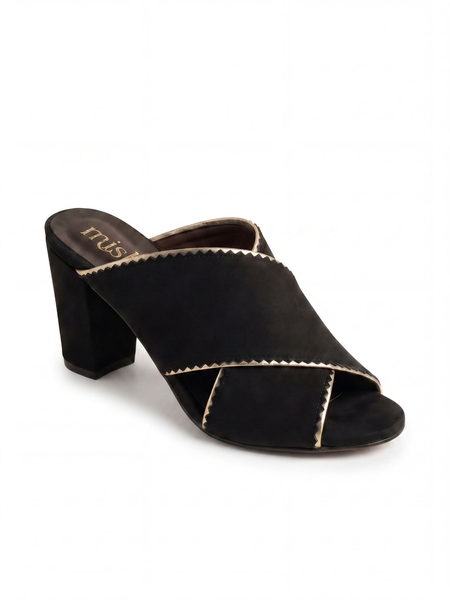 Crossover Brushed Leather Block-Heel Mules 6cm in Black
