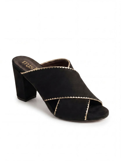 Crossover Brushed Leather Block-Heel Mules 6cm in Black