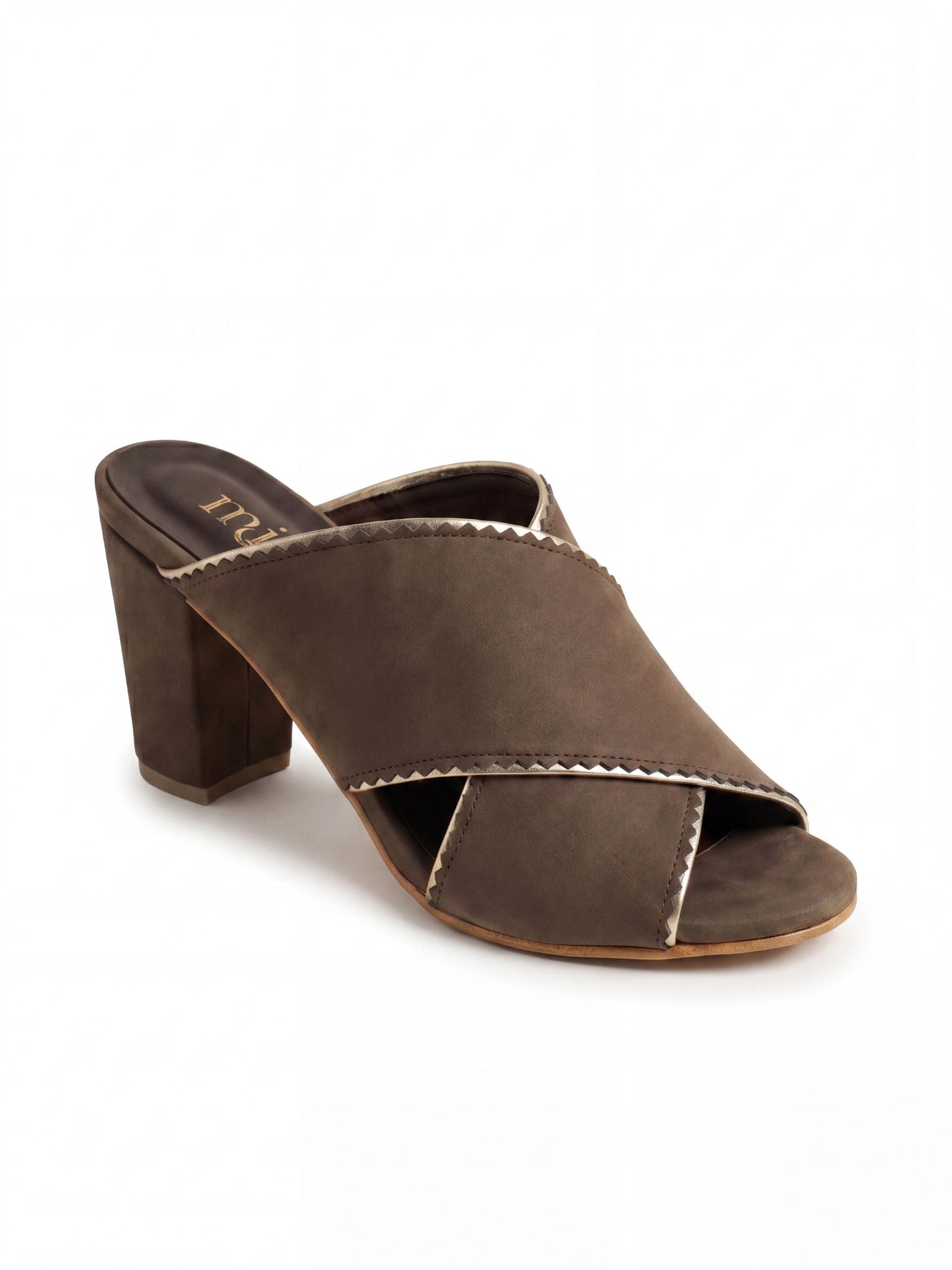 Crossover Brushed Leather Block-Heel Mules 6cm in Brown