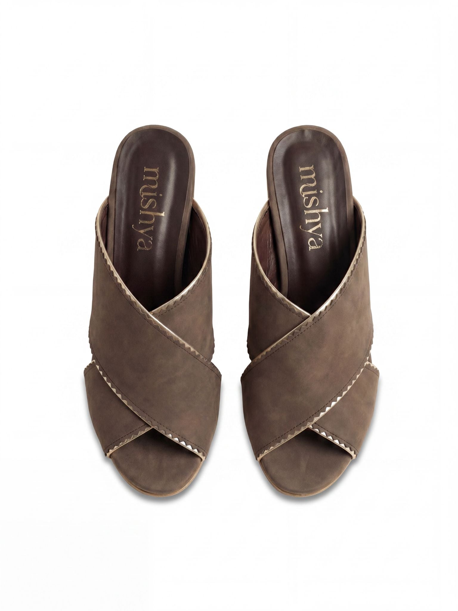 Crossover Brushed Leather Block-Heel Mules 6cm in Brown