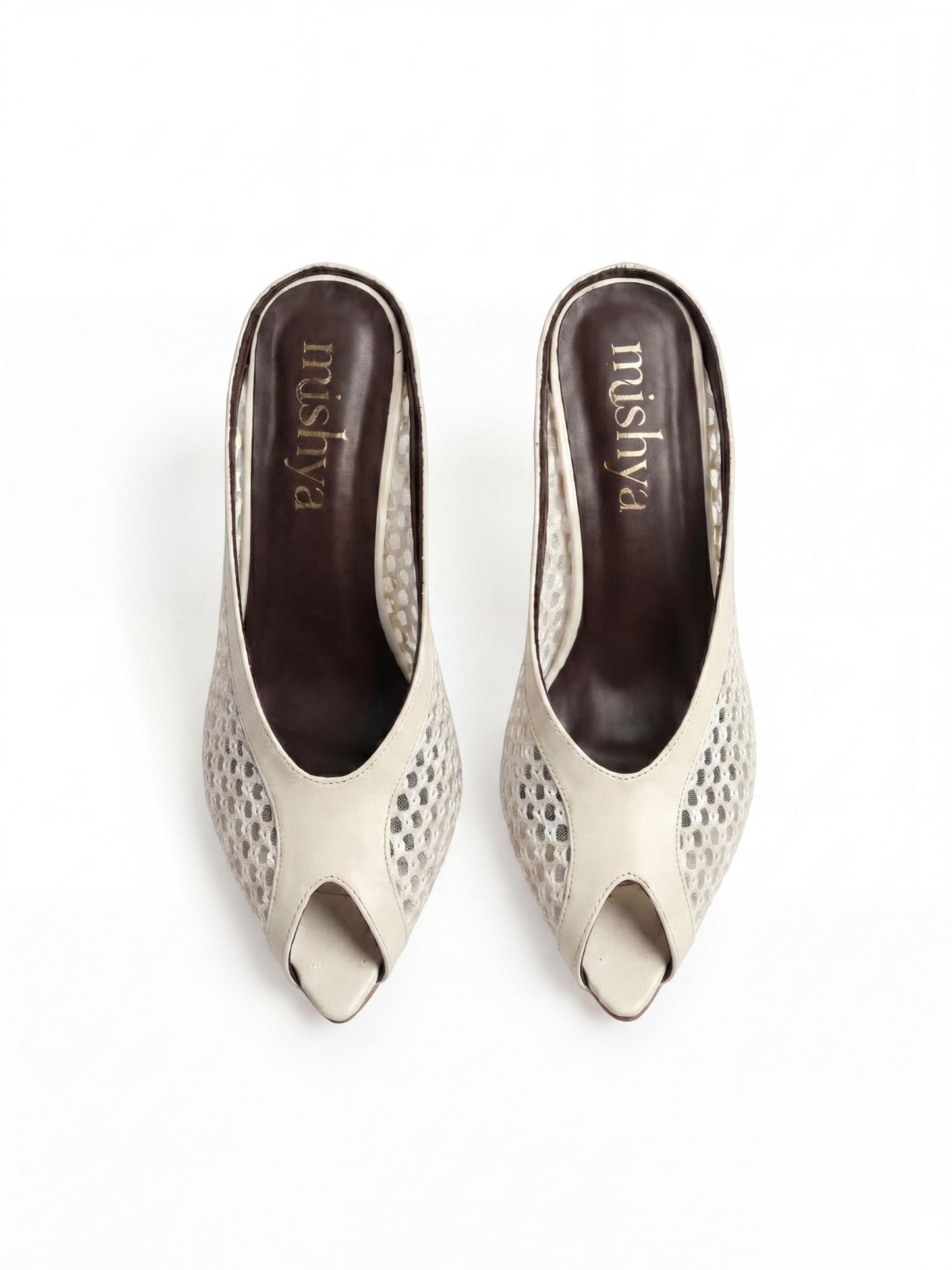 Mesh Peep-Toe Mules 7cm in Beige