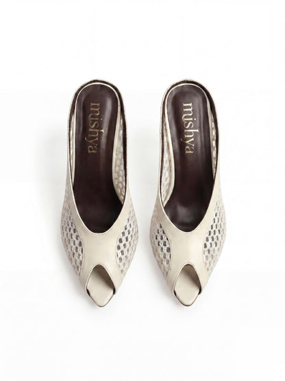 Mesh Peep-Toe Mules 7cm in Beige