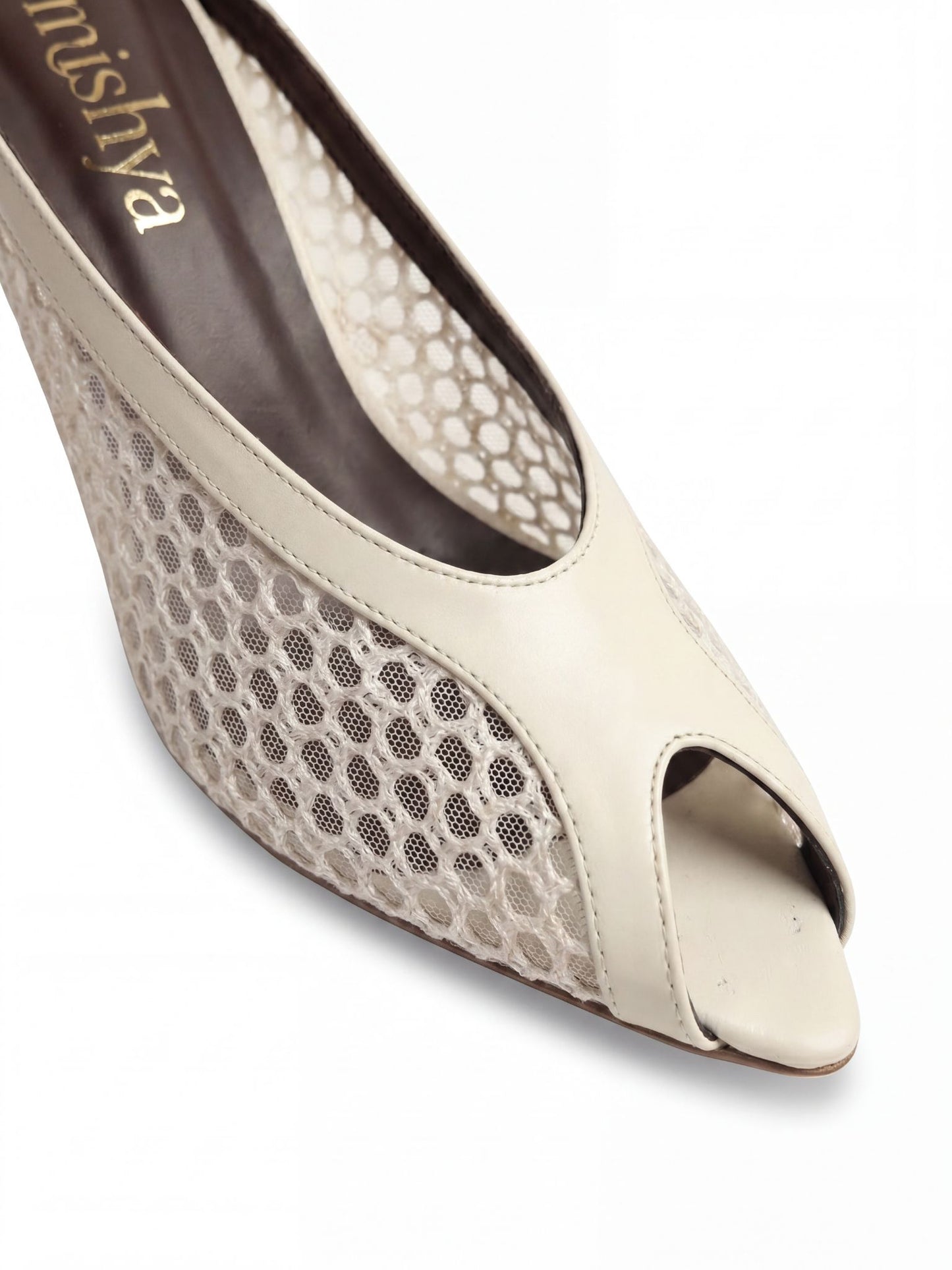 Mesh Peep-Toe Mules 7cm in Beige
