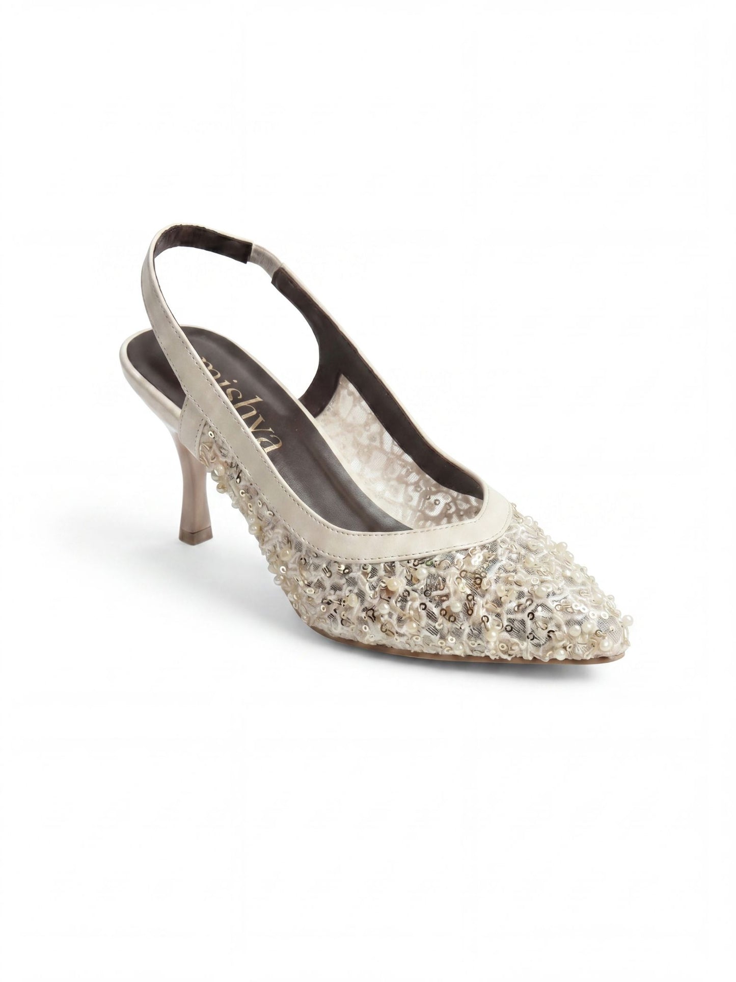 Beaded Lace Bridal Slingbacks 7cm in Beige