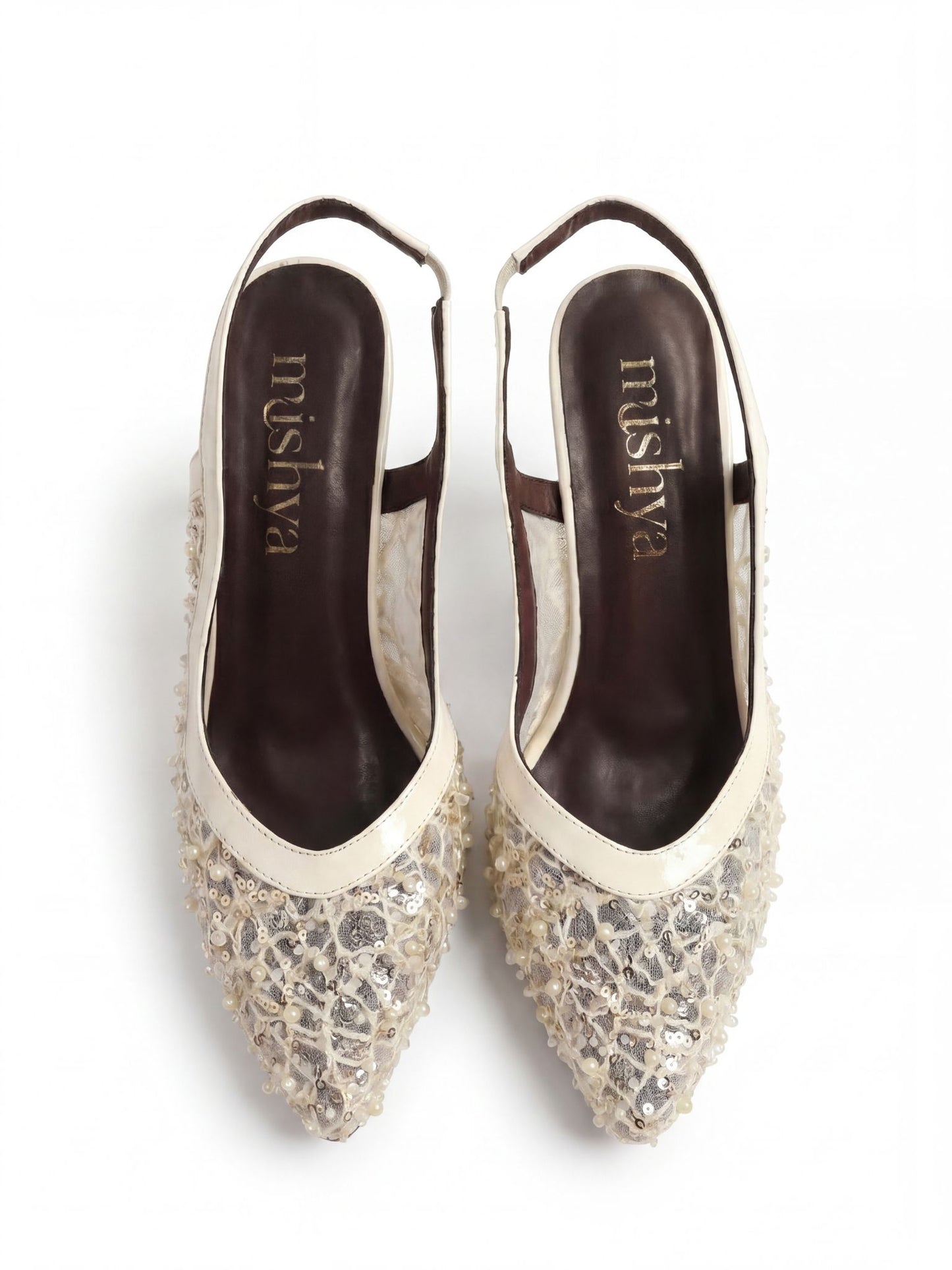 Beaded Lace Bridal Slingbacks 7cm in Beige